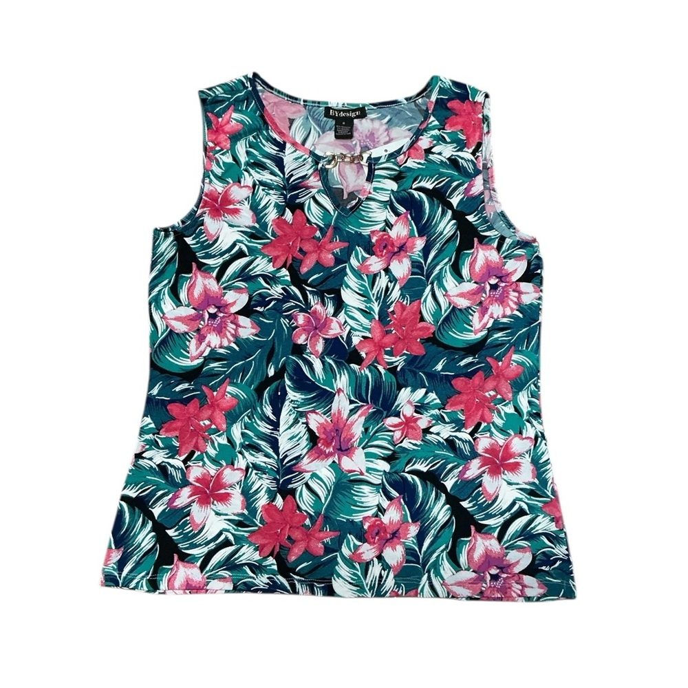 Womens Tropical Puff Paint Sleeveless Keyhole Neck Gold Chain Top Size Medium
